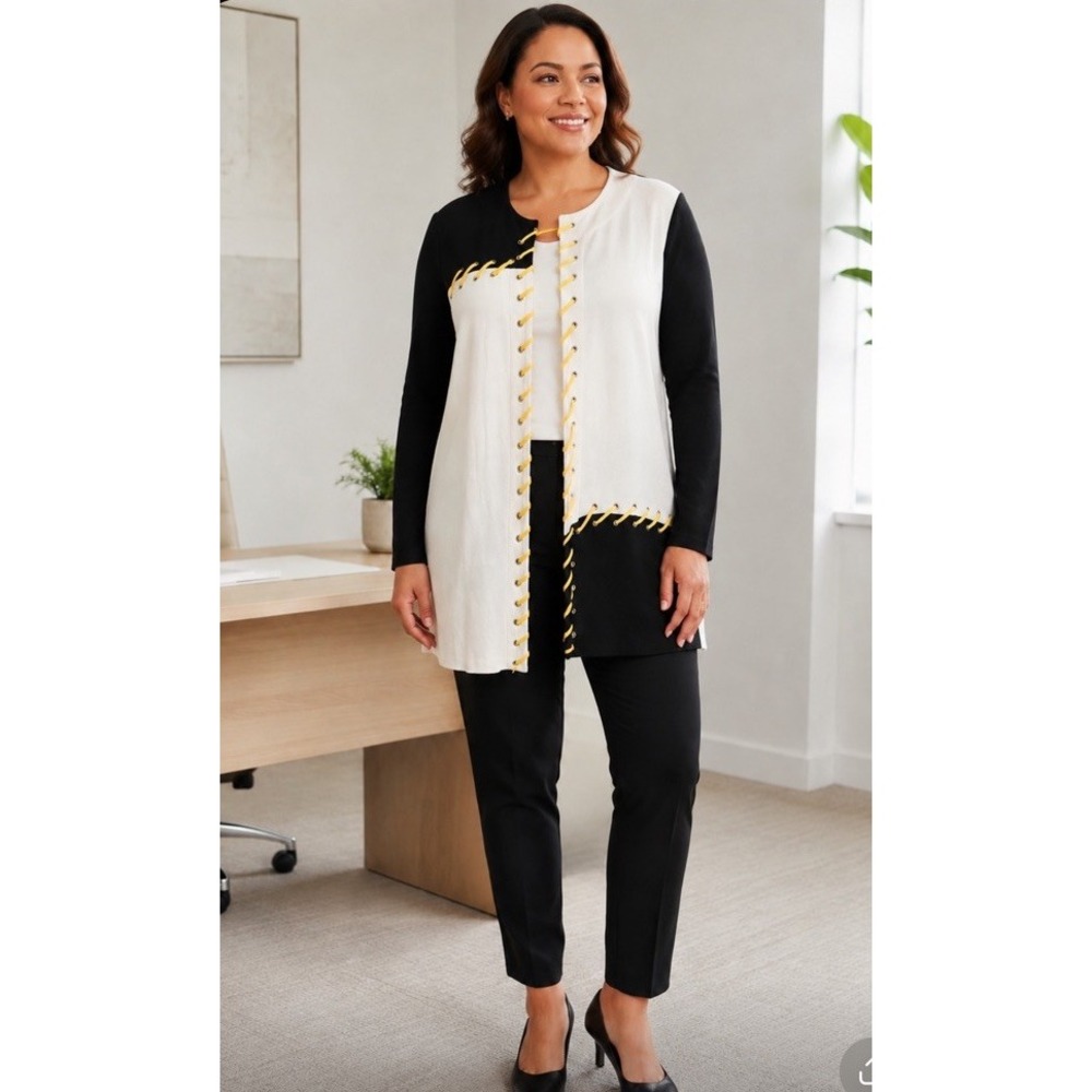 Ming Wang Open Front Colorblock Cardigan Yellow Lace-Up Career Chic Women's M